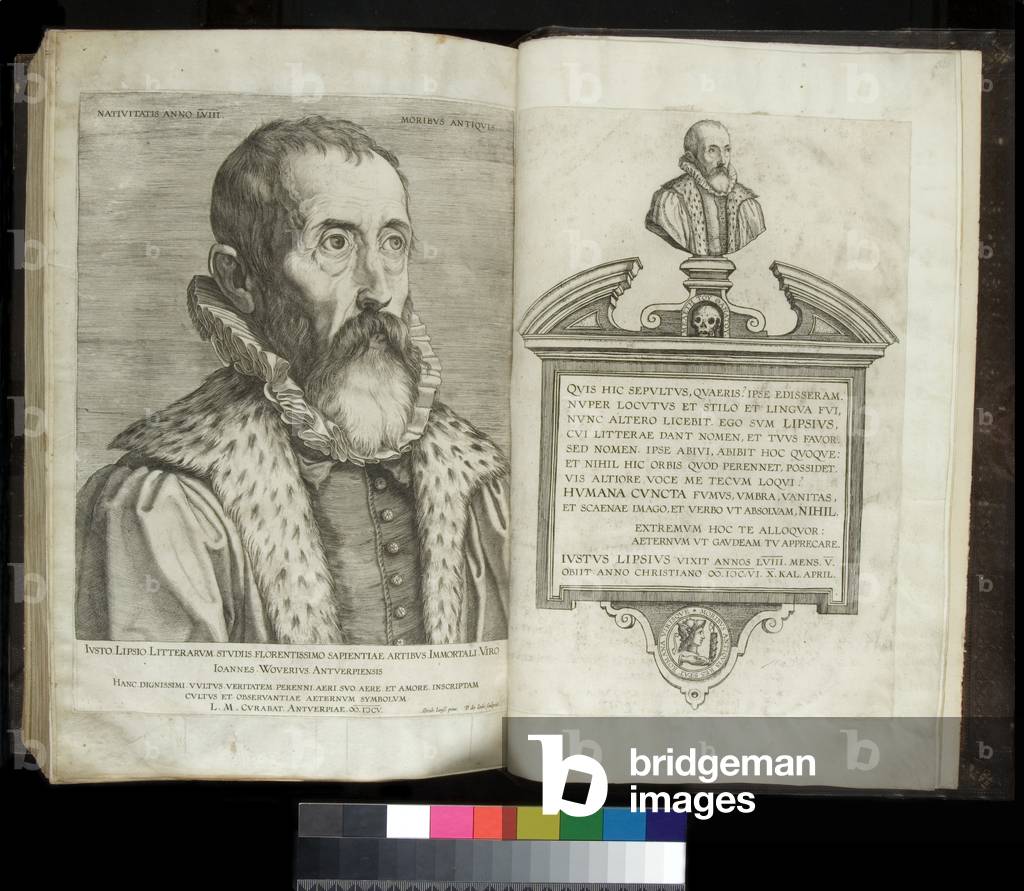 Ms 344. Livy, Ab Urbe Condita, 1-10, 21-30, 31-40, and Periochae, ff.359v-360r. Portrait of Justus Lipius and engraving of his tomb, 17th Century (parchment)