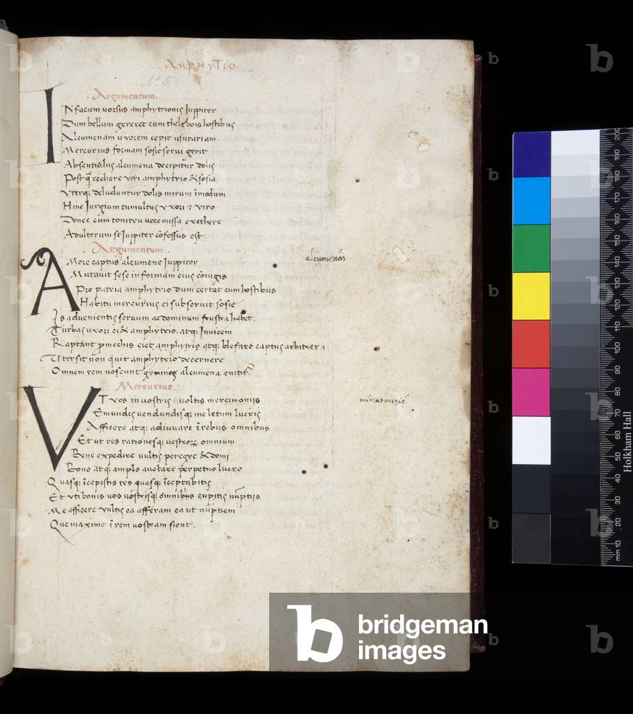 Ms 298. Plautus, Comoediae, f.1r. Humanistic formal hand with Gothic features, large initials of brown ink, some emphasized by foliate motifs, 15th Century (paper)