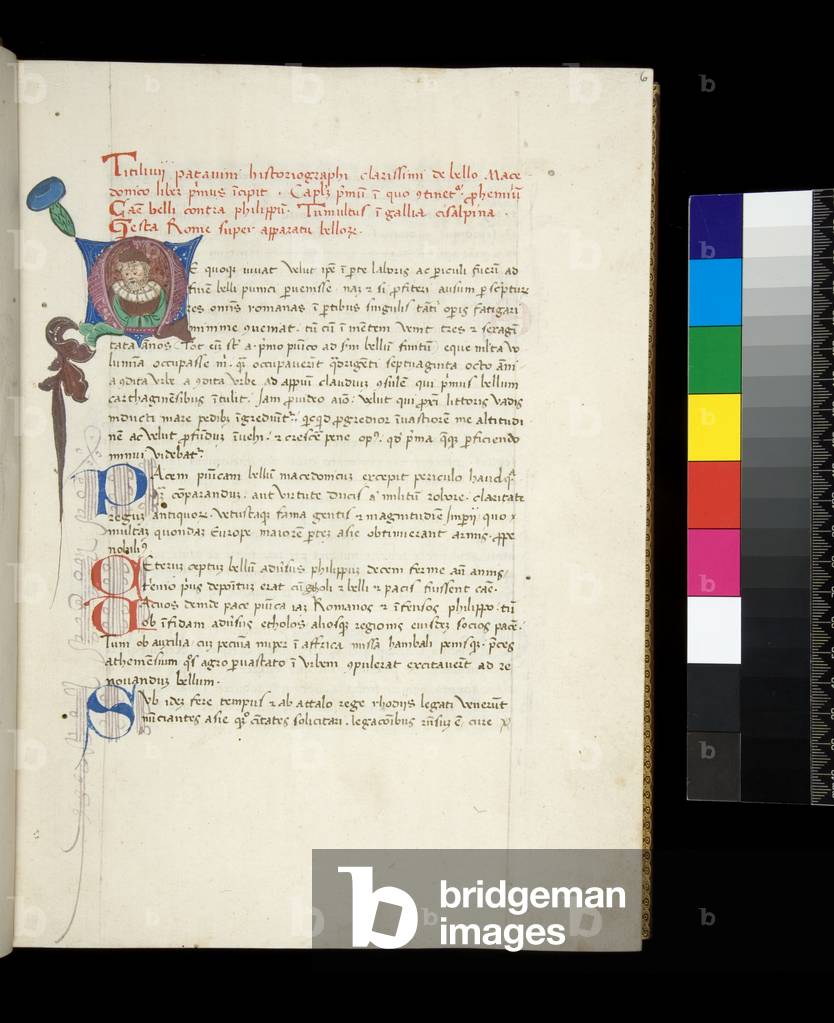 Ms 357. Livy, Ab Urbe Condita, 31-40.37.3, f.6r. Inhabited initial [M] with portrait of Livy, 1449 (paper)