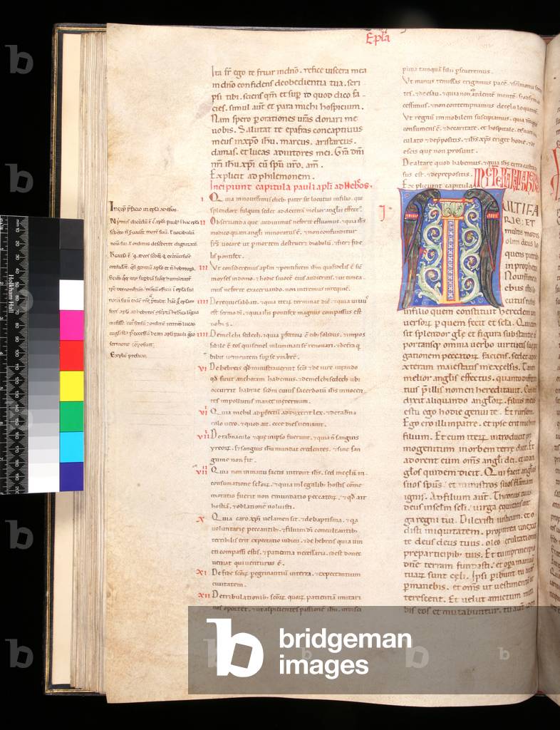 Ms 6.4. Bible, f. 53v. Decorated Initial [M] introducing the Prologue to Hebrews, 12th Century (parchment)
