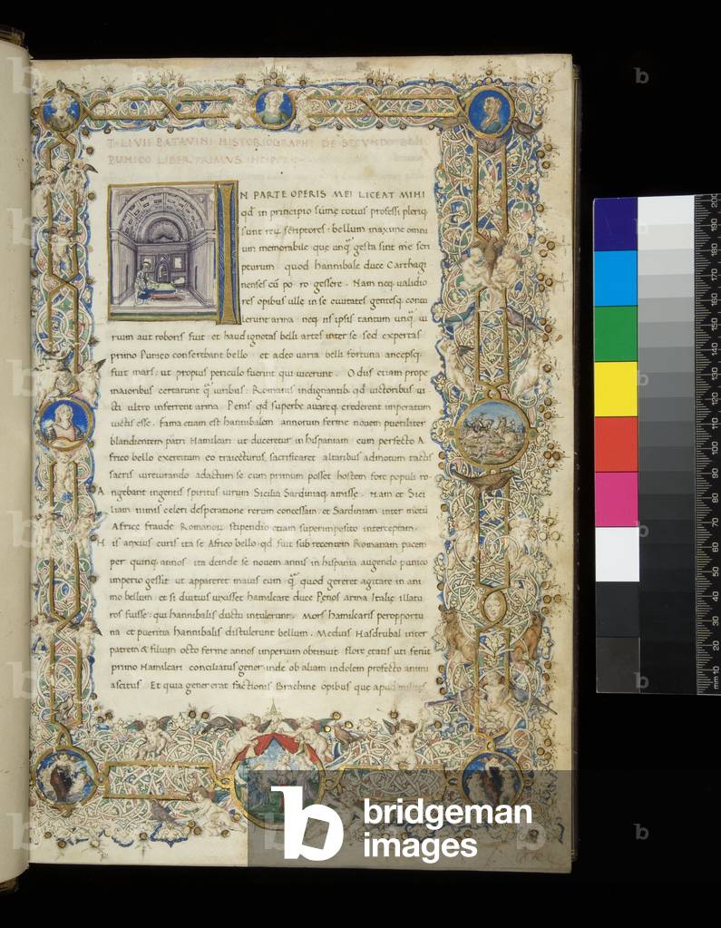 Ms 351.2 Livy, Ab Urbe Condita, 31-40.37, f.1r. Illuminated incipit page with full foliate border and historiated initial [I] of a Temple with a coffered ceiling and Hannibal swearing enmity to Rome, 15th Century (parchment)