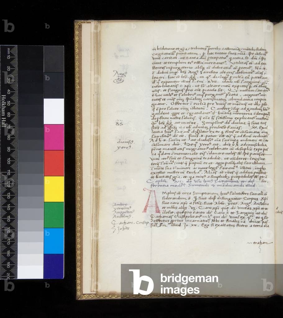 Ms 169. Johannes de Turrecremata, Tractatus de sacramento Eucharistiae, f.10v. Humanistic bookhand with some cursive features, with rubrics and marginalia in dark grey ink, and  initial [A] in red, 15th Century (parchment)
