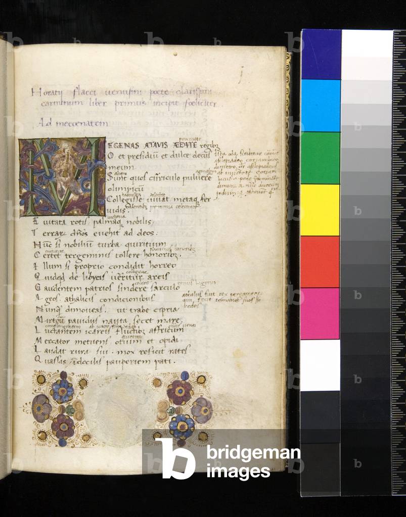 Ms 313. Horace, Opera, f.1r. Illuminated faceted initial [M], with foliage and a putto playing a golden horn, 1474 (parchment)