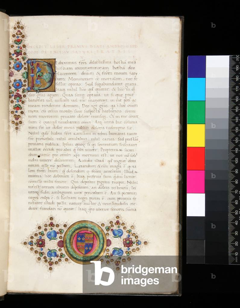 Ms 123. Ambrose, De Excessu Satyri Fratris Sui, and other works, f.1r. Zoomorphic initial [D] formed of a curved dragon, floral border and shield with Strozzi arms, 15th Century (parchment)