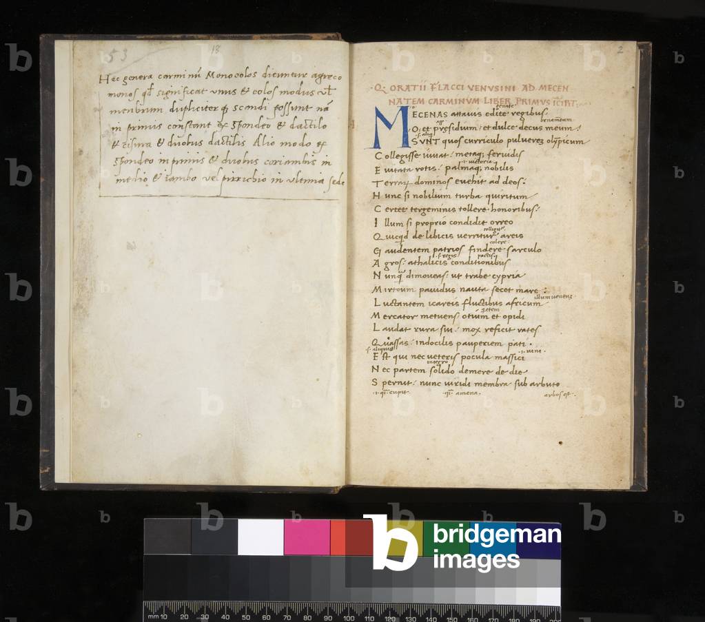 Ms 314. Horace, Carmina, Liber Epodon, Carmen Saeculare, ff.1v-2r. Example of a Humanistic cursive hand with blue initial marking book division, 15th Century (paper)