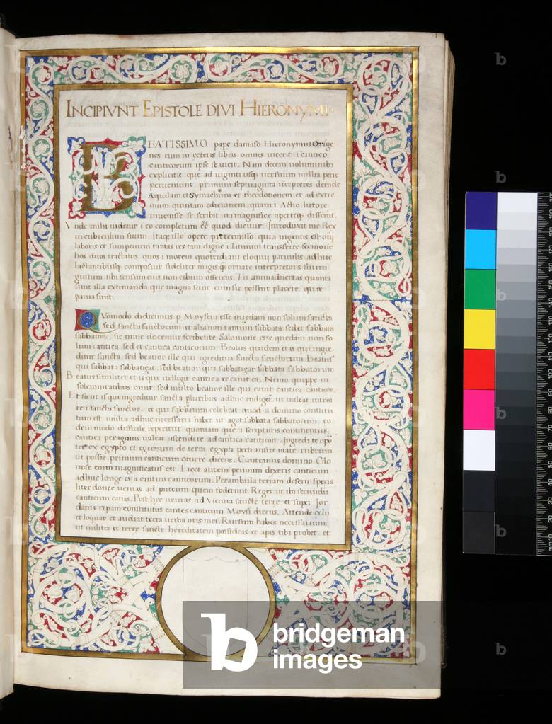Ms 124. Jerome, Epistolae, and other works, f.1r. Illuminated incipit page with interlacing white vine-stem border and initial [B], 15th Century (parchment)