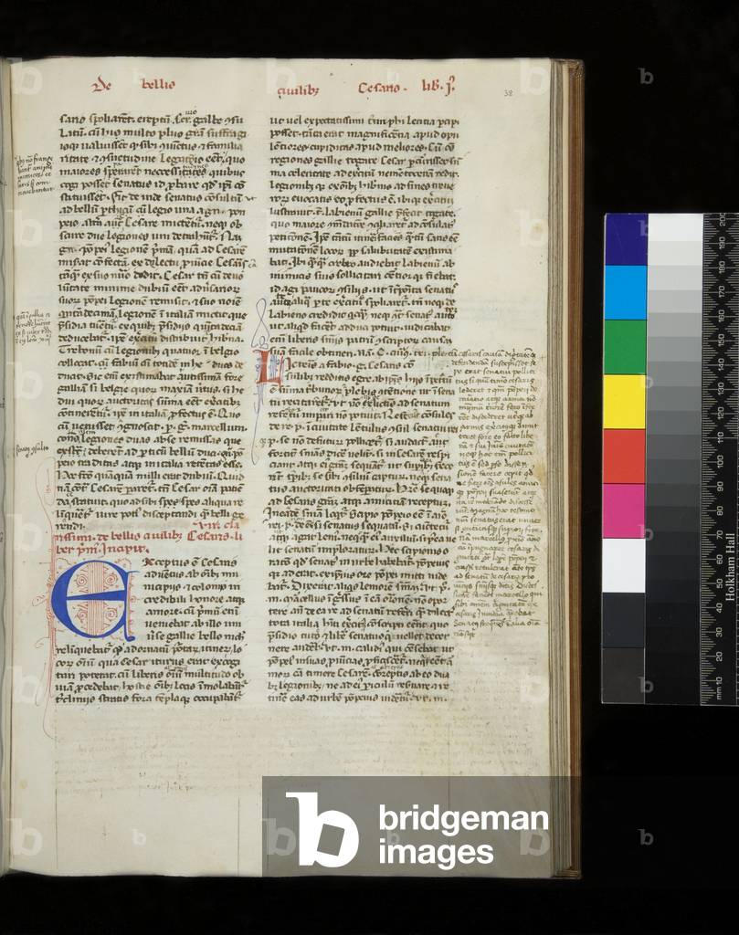Ms 342. Caesar, Opera, f.38r. Initial [E] in blue with pen-flourished decoration in red, 14th Century (parchment)