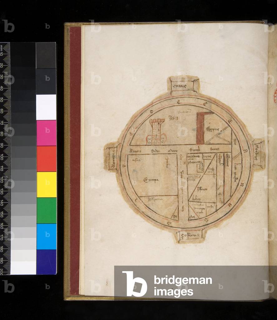 Ms 315. Horace, Ars Poetica and Epistulae, f.1v. T-O Map of the world, with a tower representing Jerusalem, 14th Century (parchment)