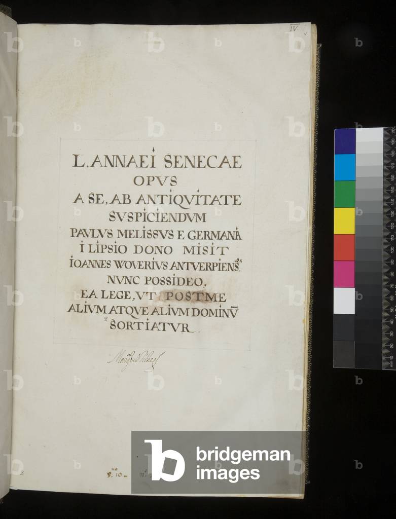 Ms 390. Seneca the Younger, Opera, and Seneca the Elder, Excerpta controversiarum, f. v recto. Frontispiece inserted in the 17th Century by Janus Wouwers before presenting the manuscript to Gaspar de Guzmán, Conde-Duque de Olivares, 17th Century (parchment)