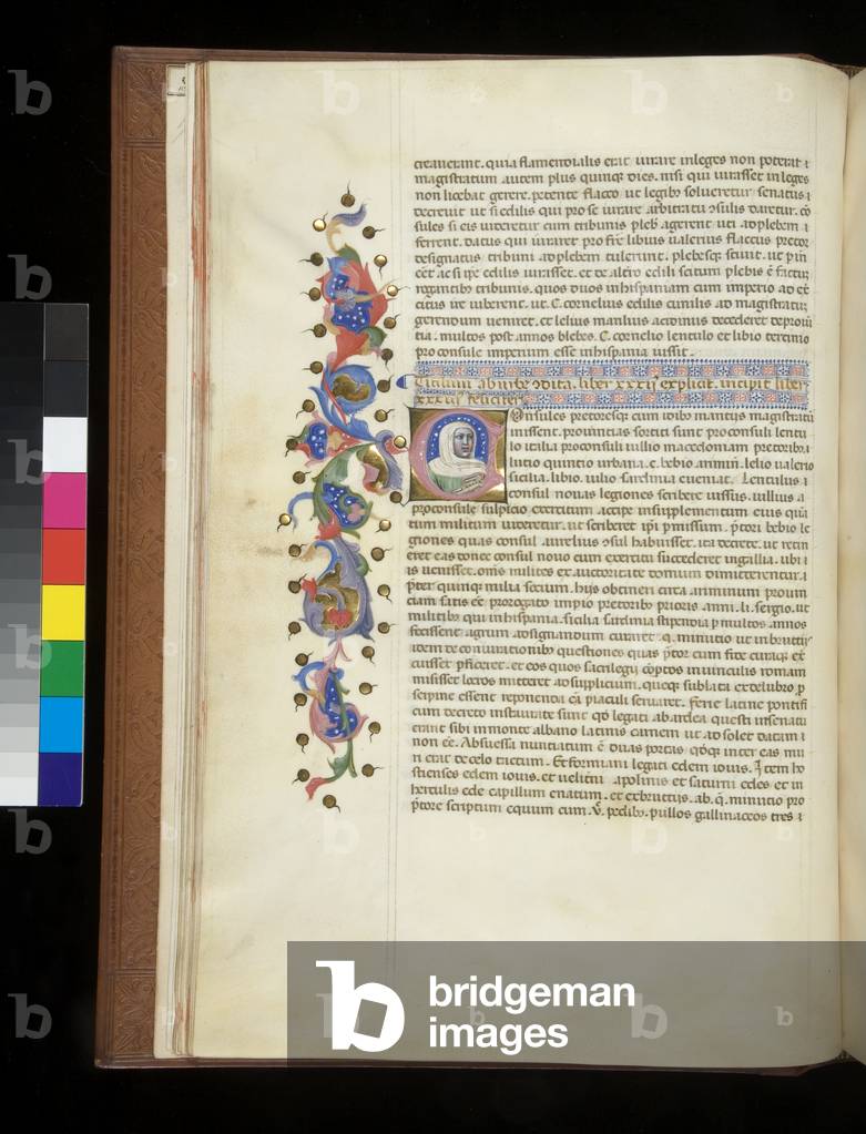 Ms 354. Livy, Ab Urbe Condita, 31-40, f.17v. Illuminated inhabited initial [C], containing portrait of a lady, and partial border, 1409 (parchment)