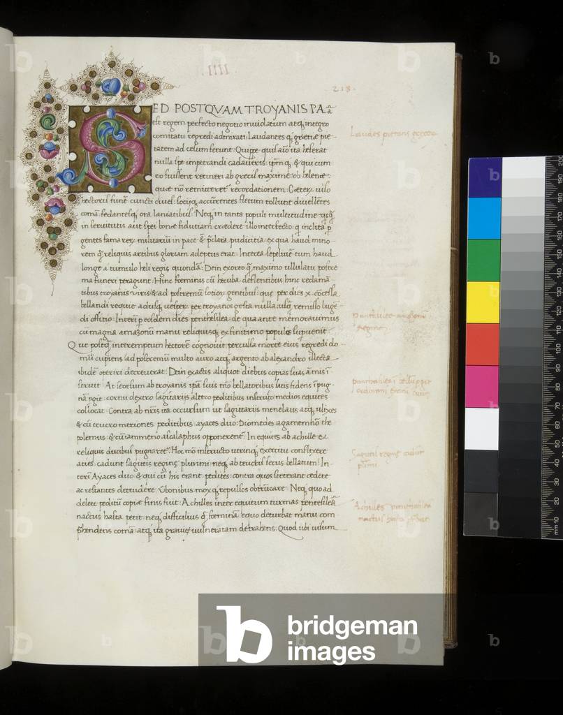 Ms 364. Appianus, In Romanas Historias, and other works, f.218r. Illuminated initial [S] in pink and blue on a gold background, with acanthus motifs, Bologna?, 1465 (parchment)