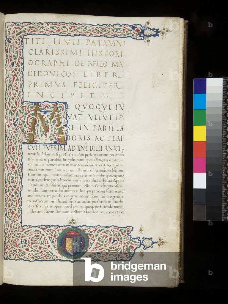 Ms 355. Livy, Ab Urbe Condita, 31-40, f.1r. Illuminated three-quarter border and initial [M] with white vine-stem decoration, with coat-of-arms in the bas-de-page, 1470 (parchment)