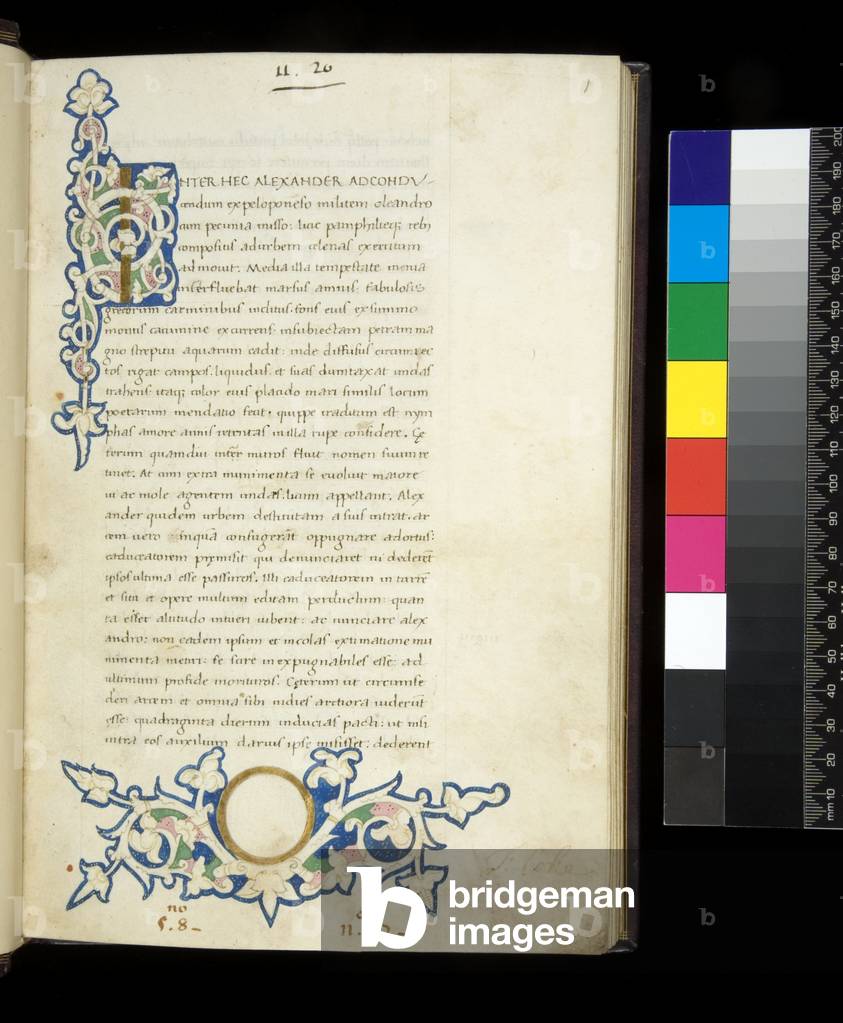 Ms 365. Quintus Curtius Rufus, Historia Alexandri Magni, f.1r. Illuminated initial with white vine-stem decoration and partial border with similar decoration in the bas-de-page, with roundel for arms left blank, Florence, 15th century, thirds quarter, c.1450-60 (parchment)