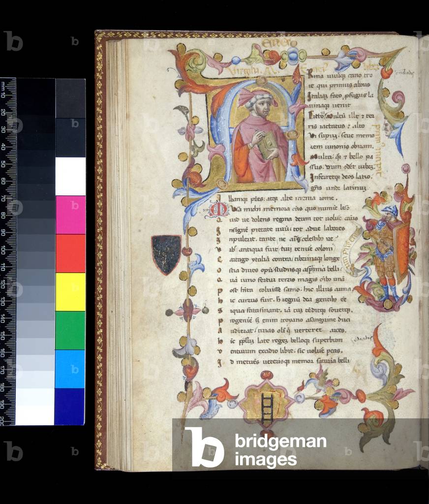 Ms 306. Virgil, Opera, f.53v. Illuminated initial [A] in foliate design at the beginning of the Aeneid, inhabited with portrait of Virgil holding a book and quill, 15th Century (parchment)