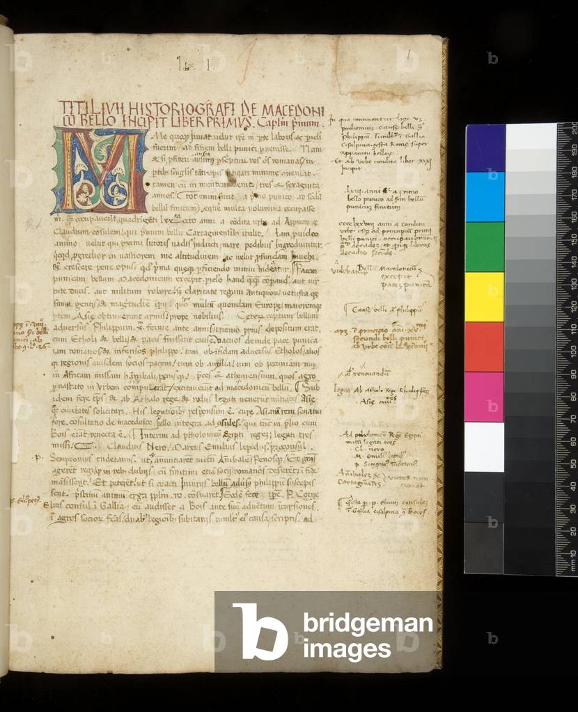 Ms 356. Livy, Ab Urbe Condita, 31-40, and other works, f.1r. Decorated initial [M] with interlaced white vine-stem decoration, 15th Century, c.1440 (paper)