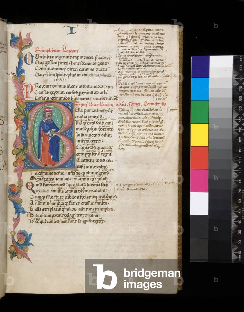 Ms 325. Lucan, Bellum Civile, and other works, f.10r. Illuminated initial [B], inhabited by a full-length author portrait, extending into a partial foliage border, c.1400-10 (parchment)
