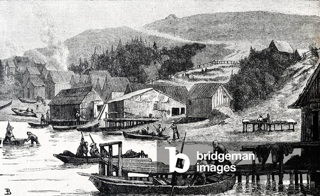 Chinese Fishing Village near San Francisco California US, 1884 (engraving)