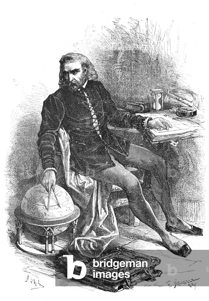 Christopher Columbus in His Study with a Globe, 1883 (engraving)