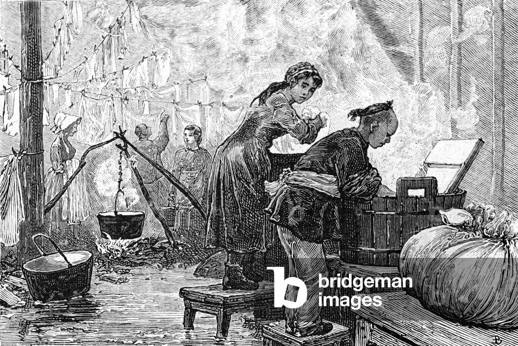 Chinese Laundry in Chinatown San Francisco California US, 1884 (engraving)