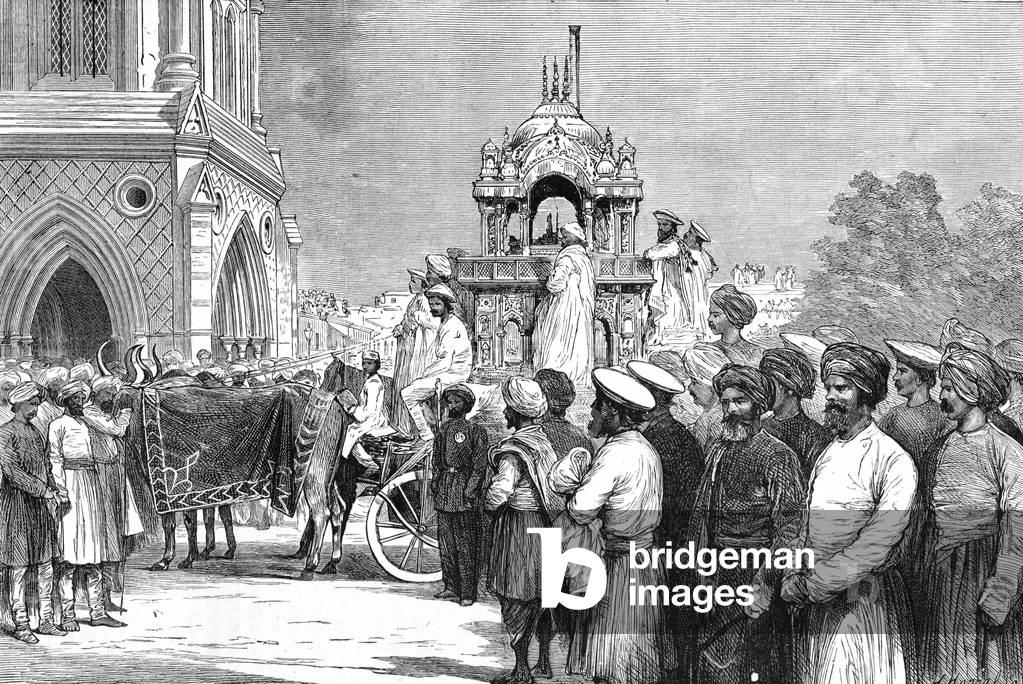 Procession of Idol and Golden Chariot or Carriage of the Jains and Sikhs in Delhi India, 1878 (engraving)