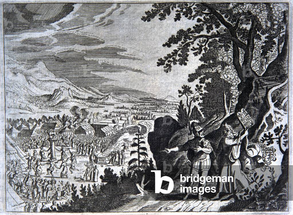 French Bible 1687. Wood engraving. Moses sees Golden Calf and Breaks the Tablets. Exodus 32