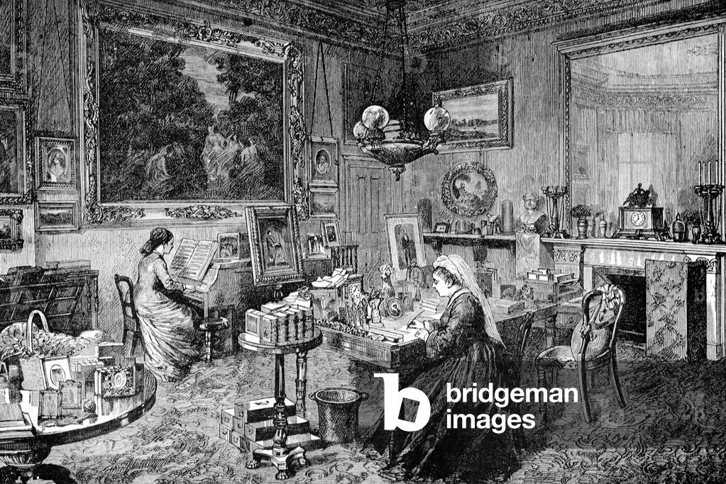 Queen Victoria & Princess Beatrice at Osbourne House Isle of Wight England, 1885 (engraving)