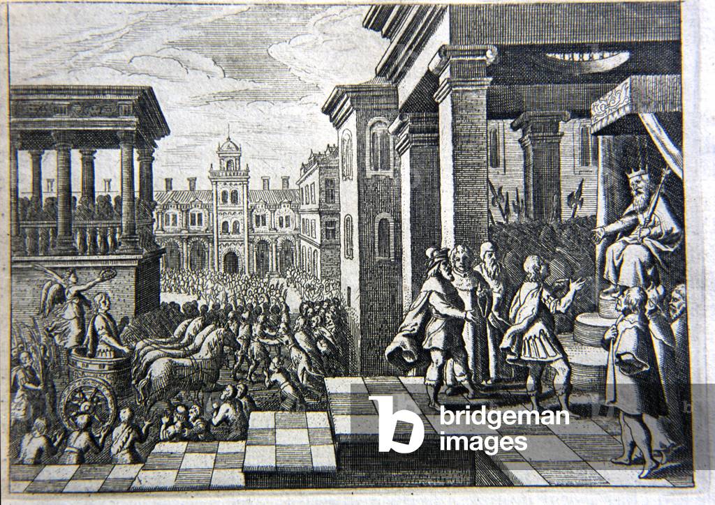 Pharaoh makes Joseph highest official. Wood engraving from French Bible 1687
