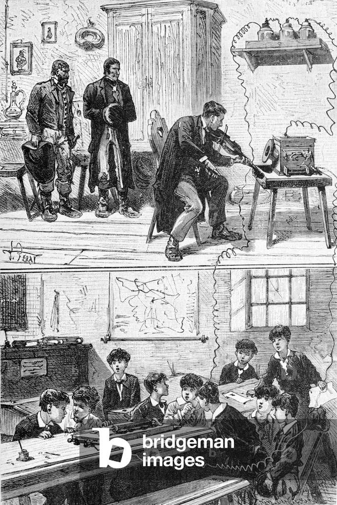 Musical Telephone or Reis Telephone, invented by Johann Philipp Reis, at the Garnier Institute, Friedrichsdorf, Hesse, Germany, 1883 (engraving)