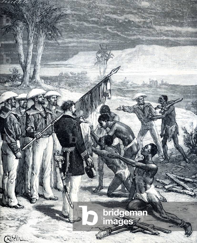 The French Explorer Pierre Savorgnan de Brazza (1852-1905) in the Congo Africa, 1881 (engraving)