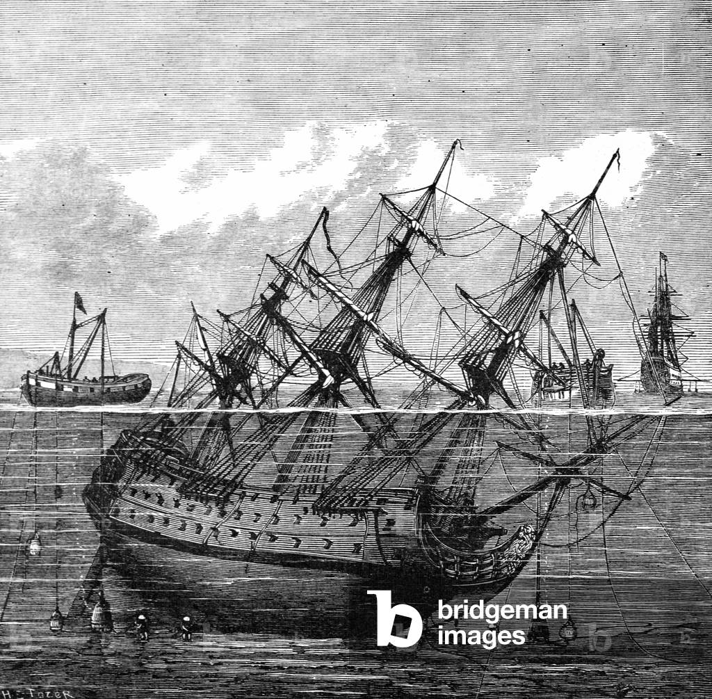 Sinking of HMS Royal George Warship  at Spithead, Portmouth in 1782, 1886 (engraving)