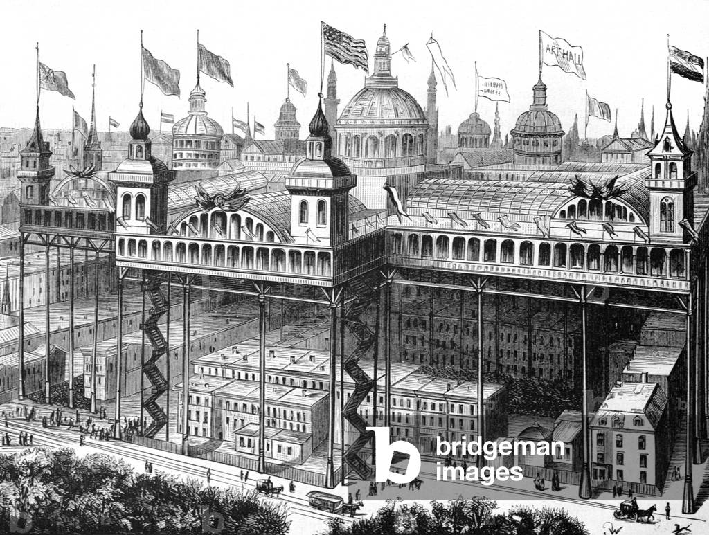 World Exhibition. The Futurist Aerial City or City in the Sky USA, 1881 (engraving)