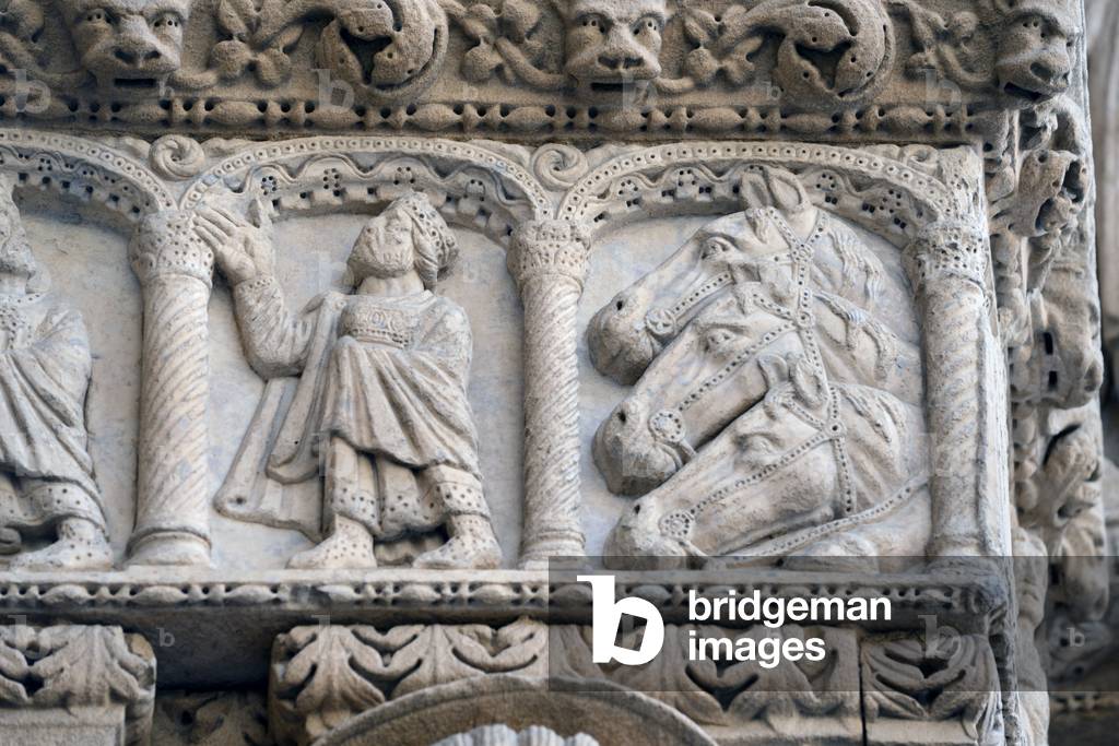 Visitation of the Magi & Three Horses; Romanesque Sculpture of the Biblical Magi; Three Wise Men or Three Kings on the Façade of the Church of Saint Trophime Arles France, 11th-12th century (Romanesque Sculpture)