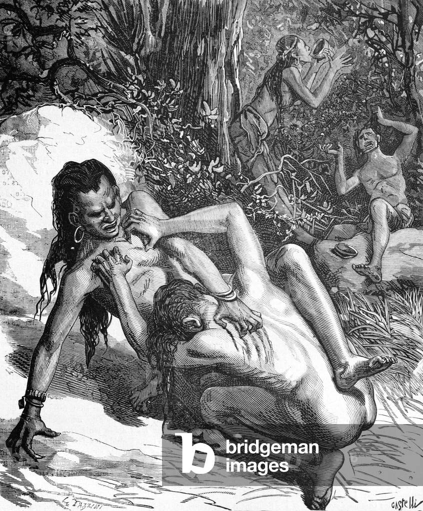 Ottomac or Otomac Clay-Eaters or Soil Eaters Known as Geophagia or Geophagy South America, 1878 (engraving)