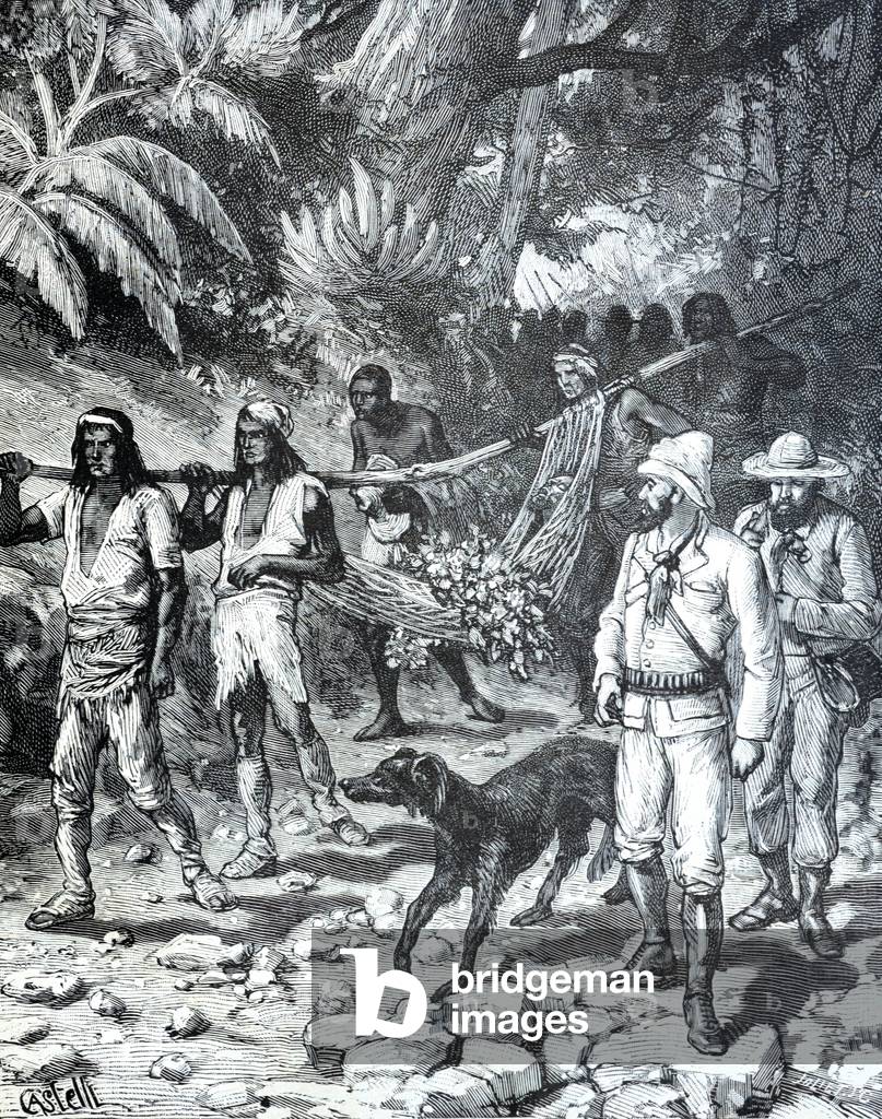 Travels of Jules Crevaux & Death of Francois Burban killed by a venomous stringray in Guyana South America, 1883 (engraving)