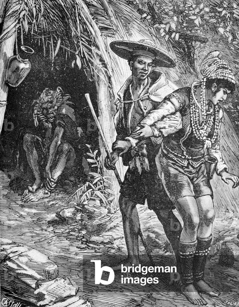 Young Couple Visit Sorcerer or Annamite Fortune Teller in Indochina Vietnam, 1883 (engraving)