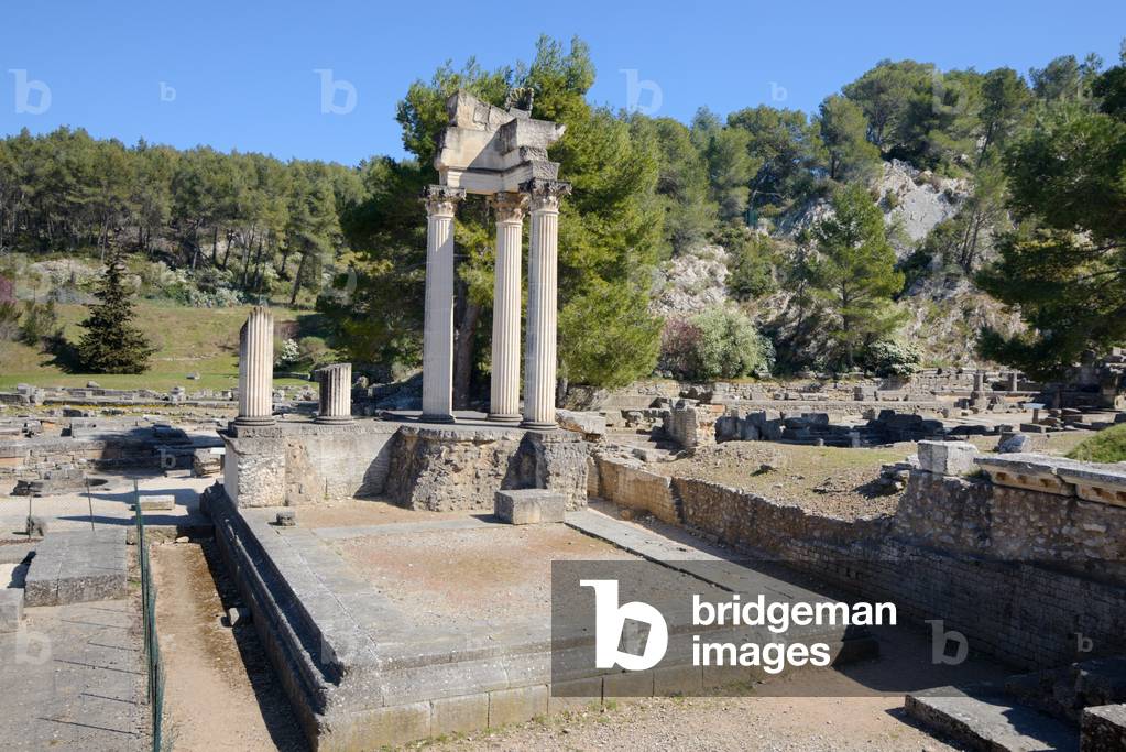 Reconstructed Roman Temple one of the Twin Roman Temples at Glanum Roman Ruins at Saint-Remy-de-Provence Provence France, c.20BC (architecture)