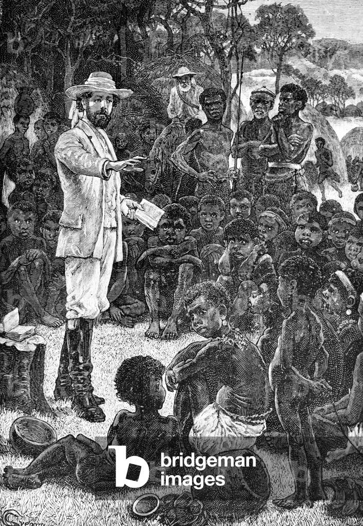 John Mackenzie (1835-99) Scottish Missionary Preaching in Southern Africa, 1883 (engraving)
