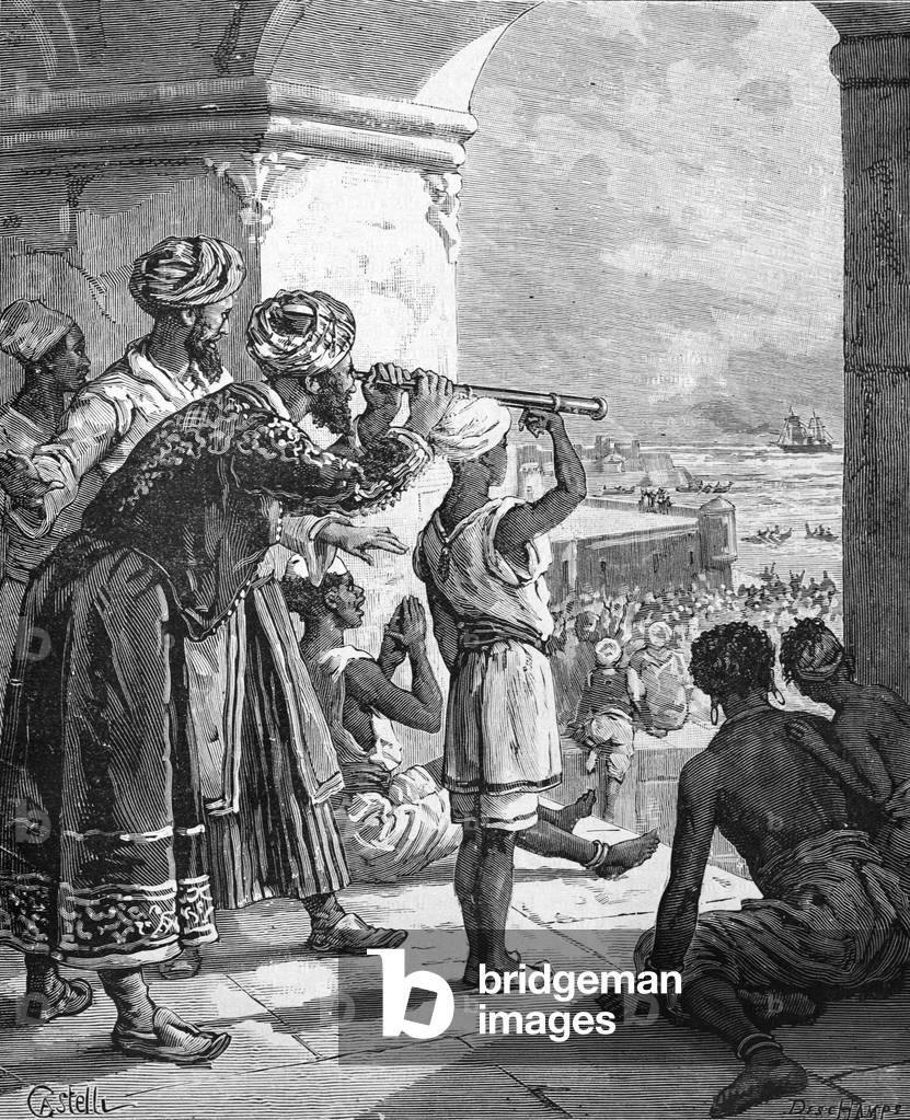 Sultan of Zanzibar Observes Offshore Naval Battle from his Palace, 1884 (engraving)