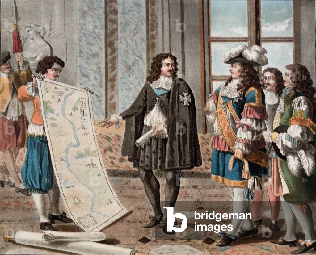 Jean-Baptist Colbert, presenting His Project for the Canal du Midi to Louis XIV, 1788 (engraving)