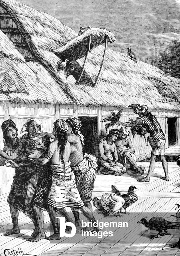 Marriage or Wedding Ceremony in a Dayak Longhouse Borneo, 1884 (engraving)
