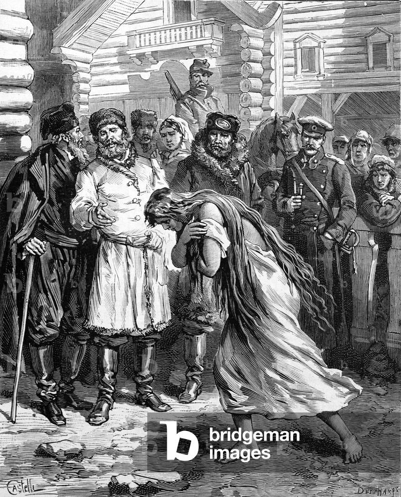 Punishment & Mistreatment of Women in Rural Russia. A Woman is made to walk barefoot and in a nightshirt around the village, 1884 (engraving)