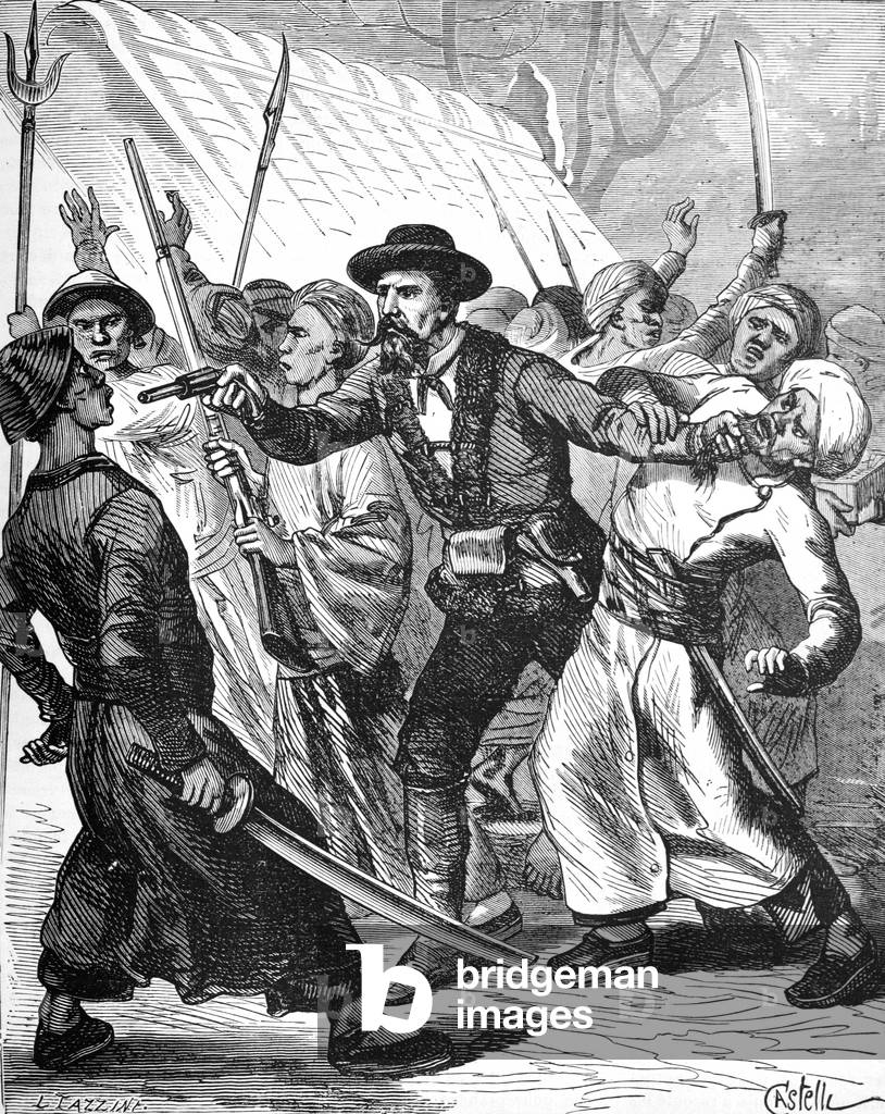 Jean Dupuis (1828-1912) French Trader & Explorer in Dispute with Locals (1873) in Tonkin (Vietnam), 1879 (engraving)