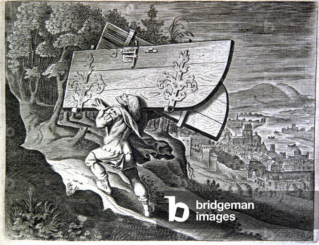 French Bible 1687. Wood engraving. Samson and Gate of Gaza