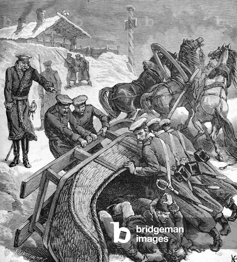 Cossack Horse-drawn Sleigh, Sled or Sledge Accident Russia, 1883 (engraving)