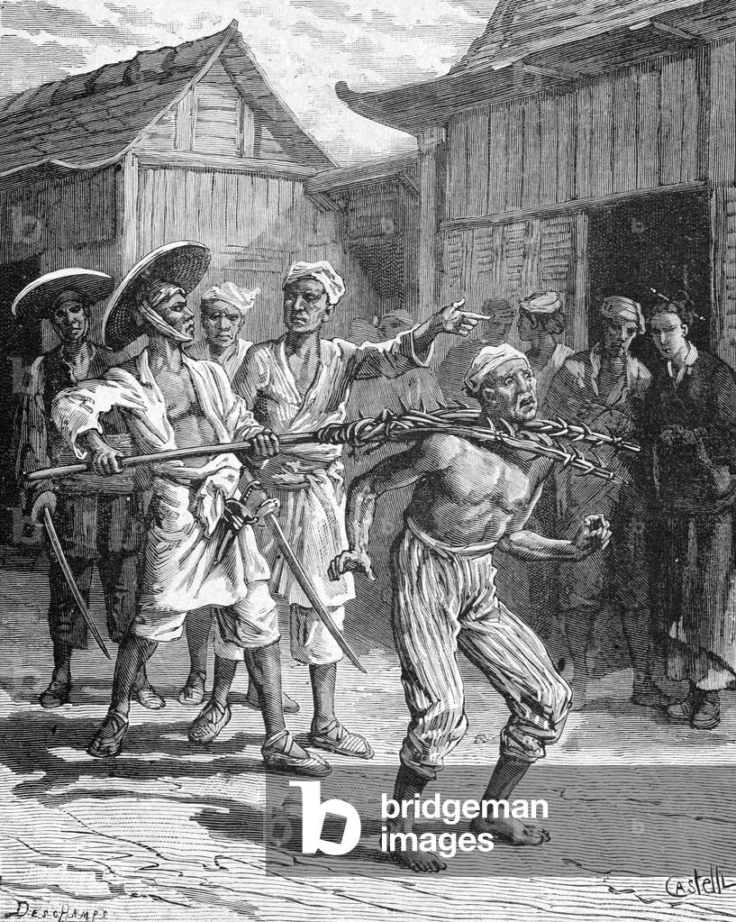 Man Running Amok Restrained with Thorny Noose Malaysia, 1883 (engraving)