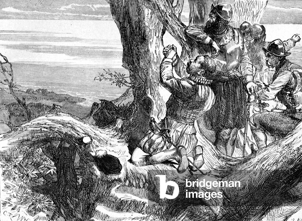 Francis Drake's first view of the Pacific Ocean in 1572 , 1885 (engraving)