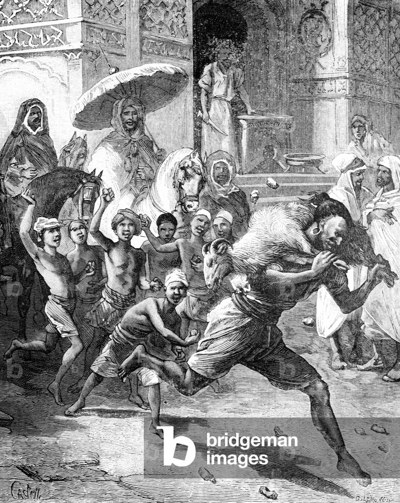 Eid Al-Adha Sacrifice Feast or Muslim Festival Morocco, 1886 (engraving)