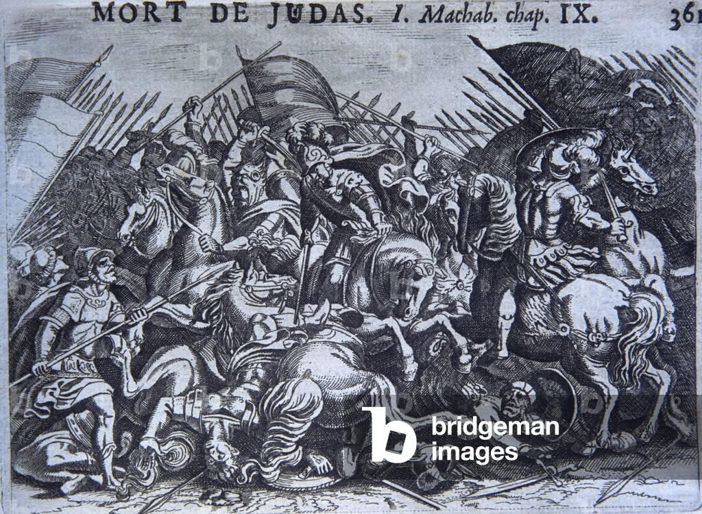 Death of Juda/Judah Macabee, Jewish general, wood engraving.