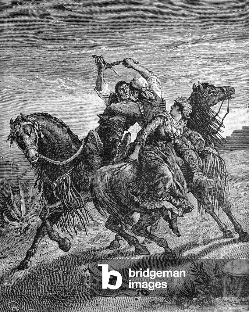Horseback Knife Fight Between Gypsies Andalusia Spain, 1884 (engraving)