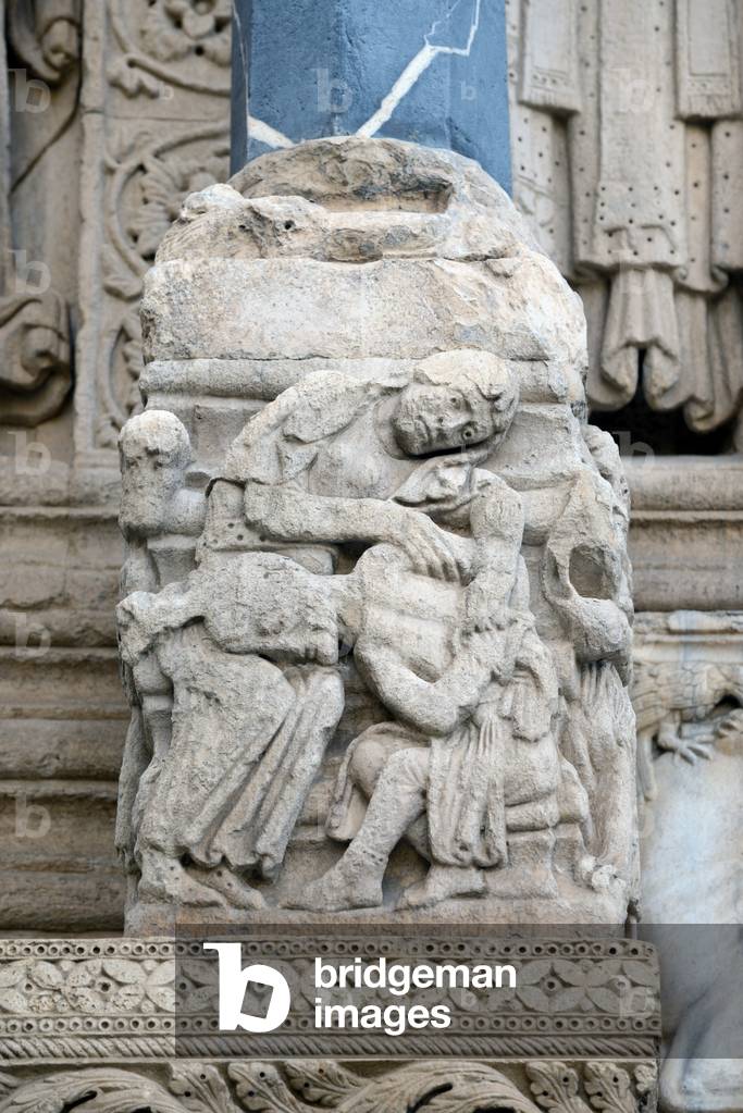 Samson and Delilah Romanesque Sculpture & Column Base of Façade of the Church of Saint Trophime Arles France, 11th-12th century (Romanesque Sculpture)